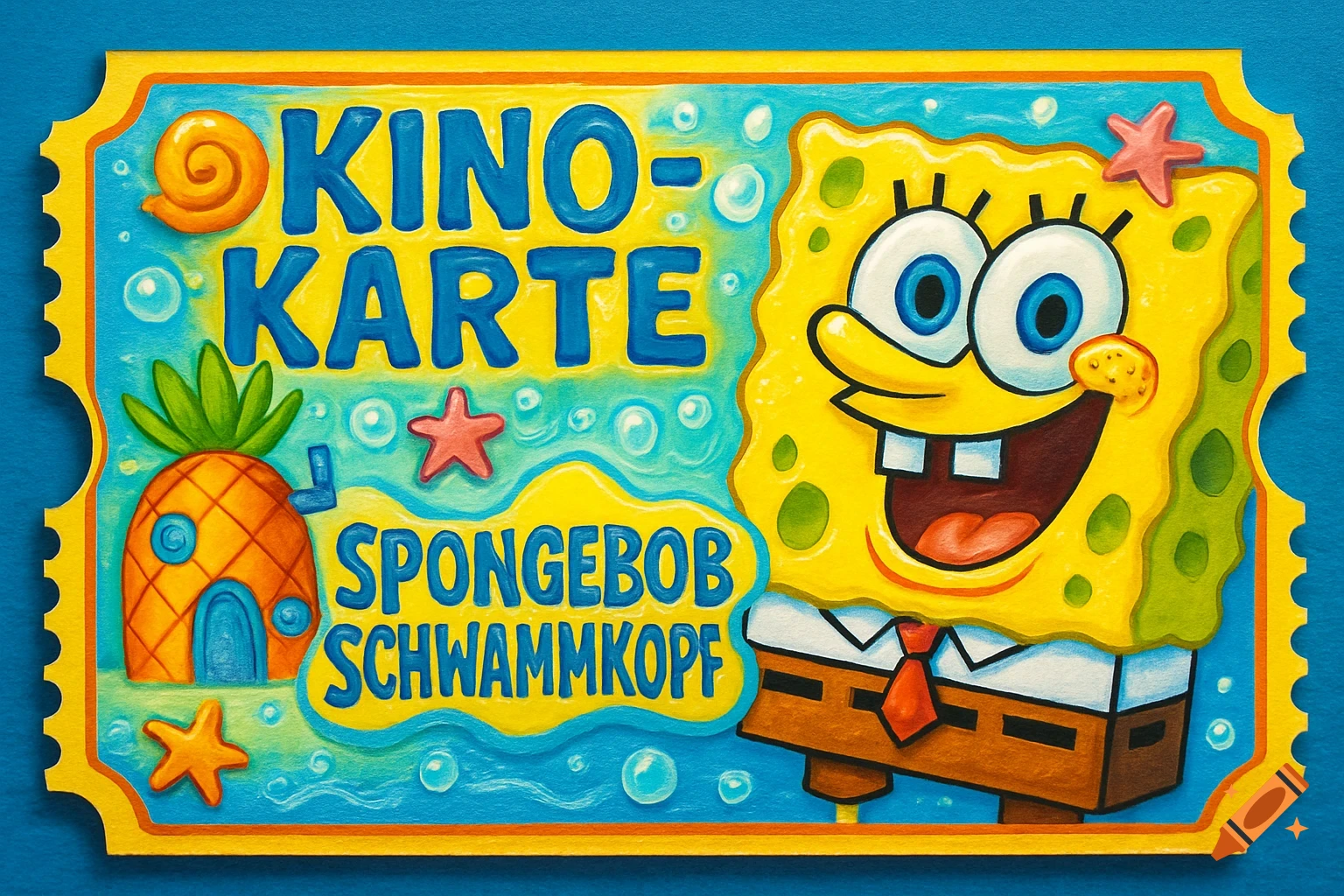 Colorful illustrated Spongebob Squarepants movie ticket with text 'KINO-KARTE' and 'SPONGEBOB SCHWAMMKOPF' and his pineapple house.