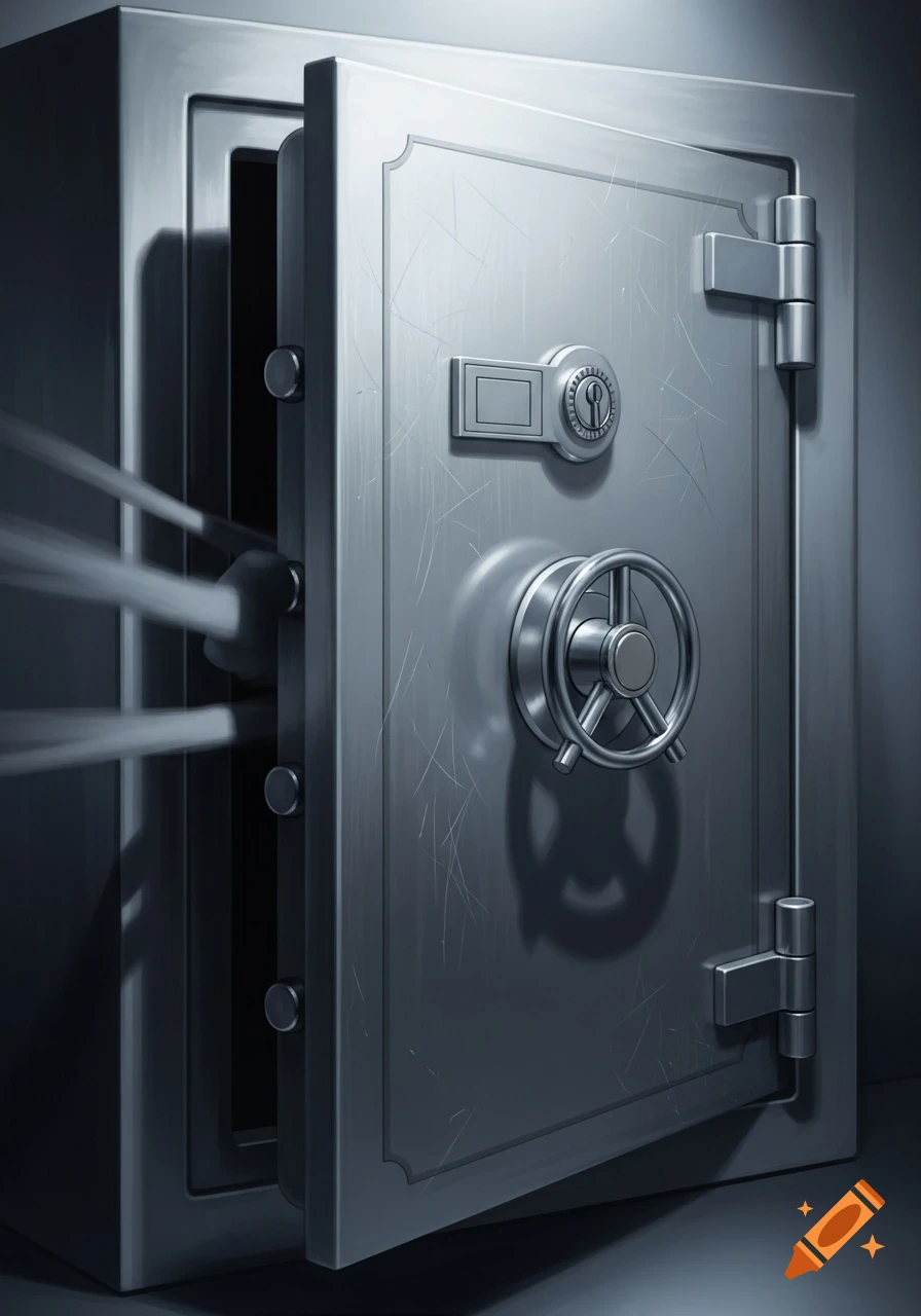 A detailed, silver-grey safe with its door slightly ajar, showing internal locking bolts and faint streaks of an opposing force.
