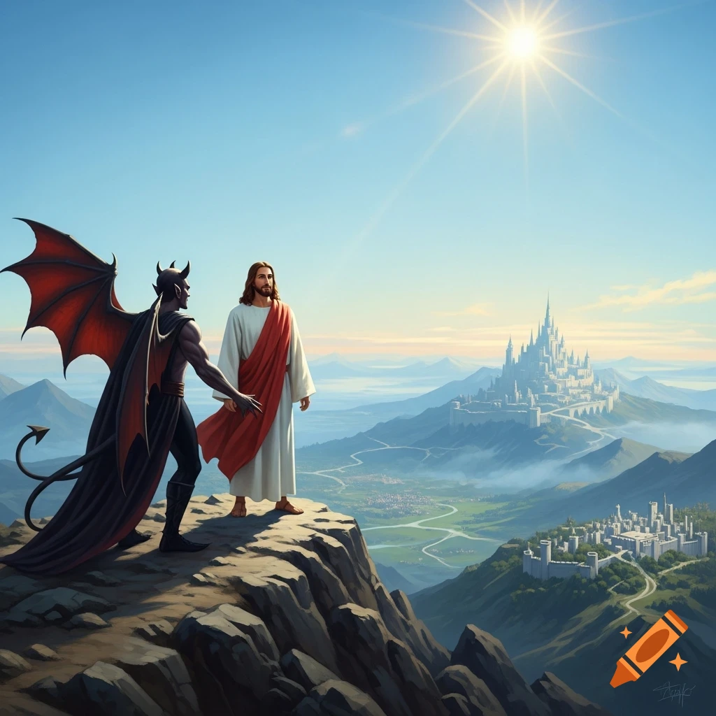 Jesus and the Devil stand on a mountain peak, overlooking vast kingdoms and a bright sky with a shining sun in a picturesque, illustrative style.