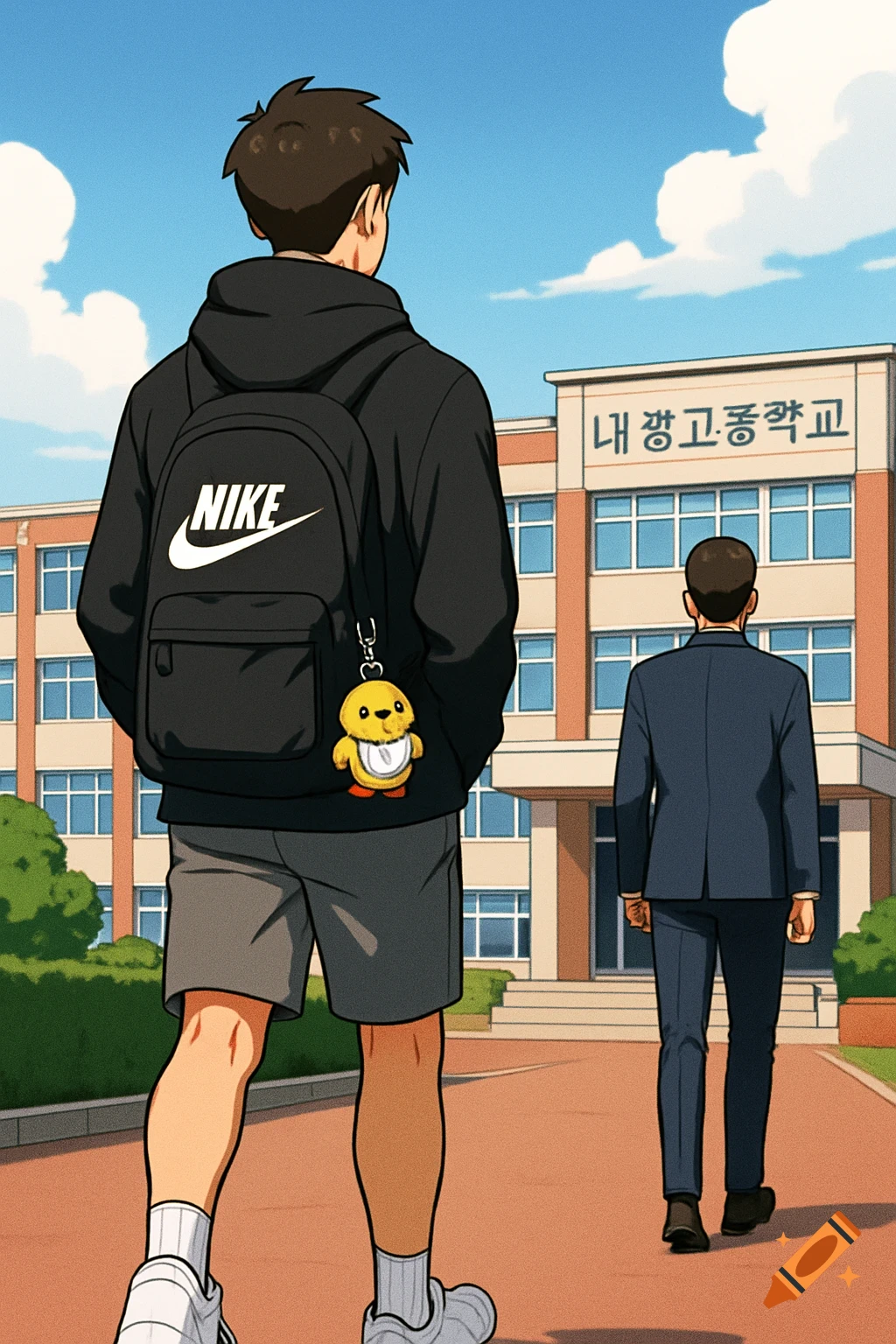 Two boys walk towards a Korean high school building in a webtoon style; one in a black Nike hoodie, the other in a uniform.