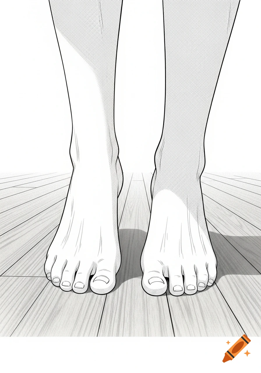 Close-up of bare feet standing on a wooden floor, rendered in black and white manga style.