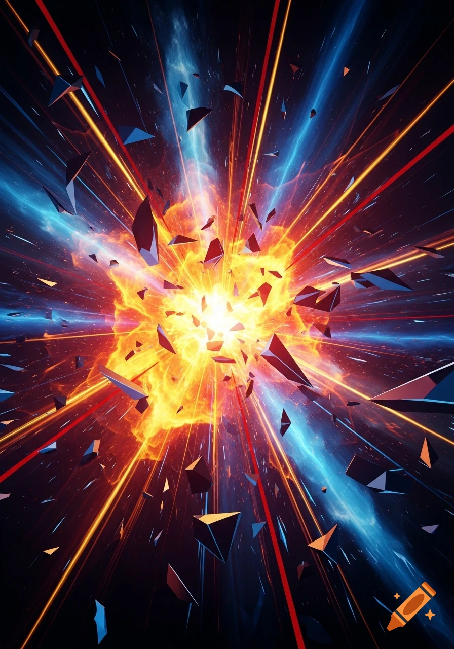 A vibrant graphic explosion with orange and blue light rays emanating from a bright center, and dark geometric shards flying outwards.