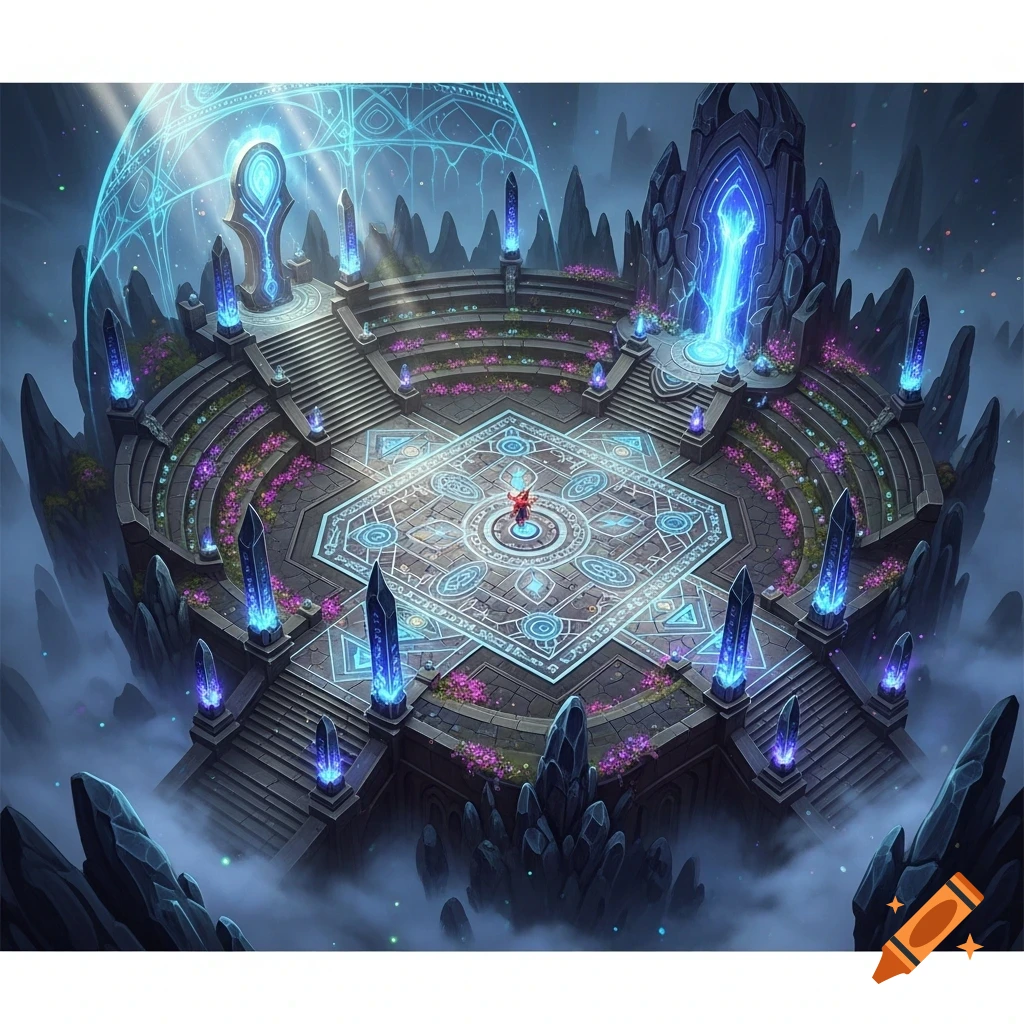 Detailed fantasy battle map of a magical arena with glowing blue patterns, tiered steps, a central figure, and sharp rocks in mist.
