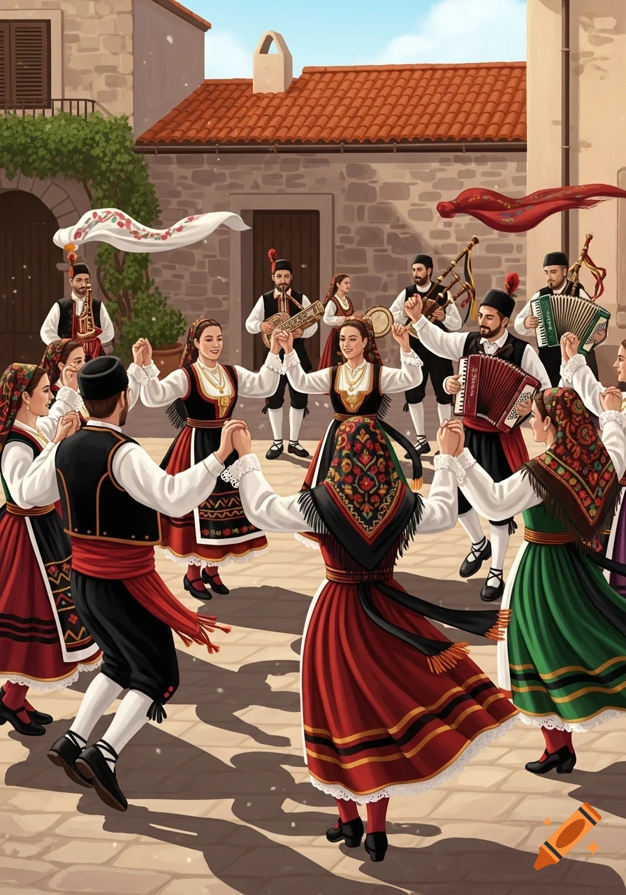 An illustration of people in traditional Sardinian folk costumes dancing in a circle in a village square, with musicians playing instruments.