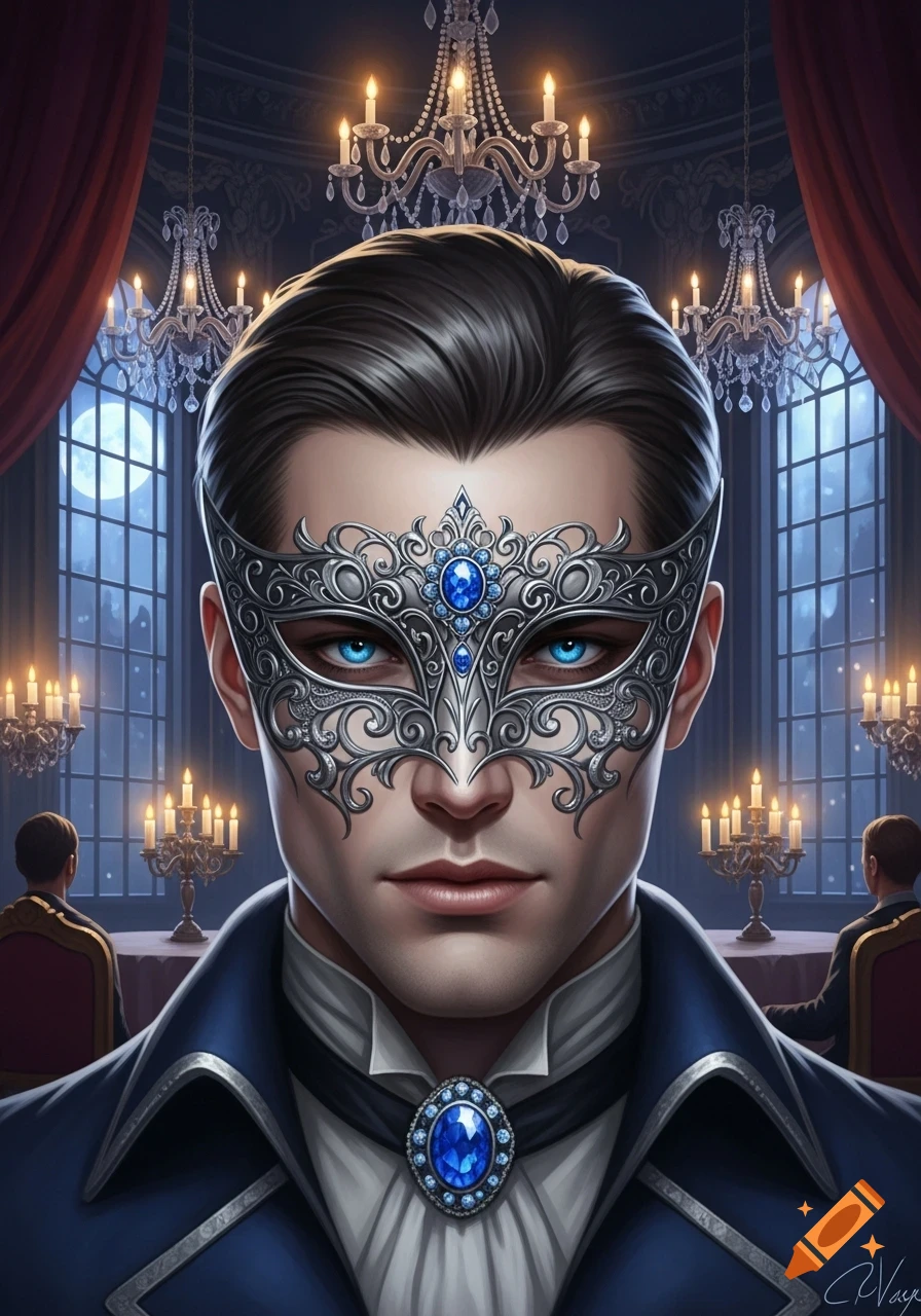 A man with piercing blue eyes wears an ornate silver and blue masquerade mask in a candlelit ballroom.