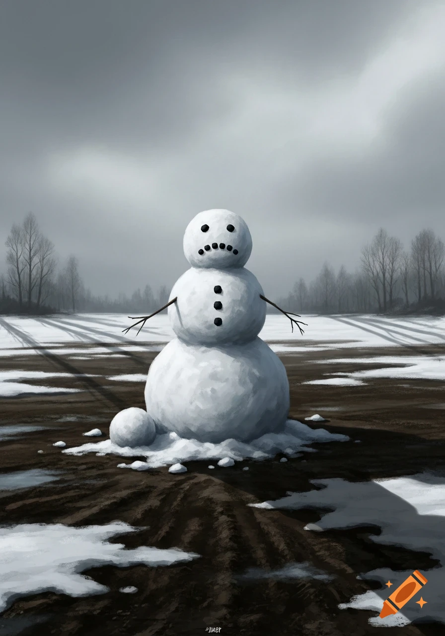 A sad, three-ball snowman with branch arms stands in a melting snowy field under a grey sky, with bare trees in the background.