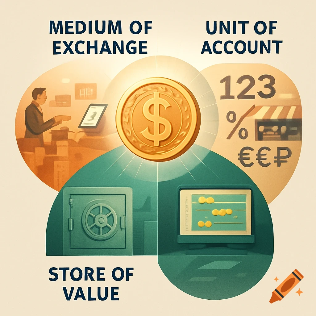An infographic illustrating the three functions of money: medium of exchange, unit of account, and store of value, centered around a golden dollar coin.
