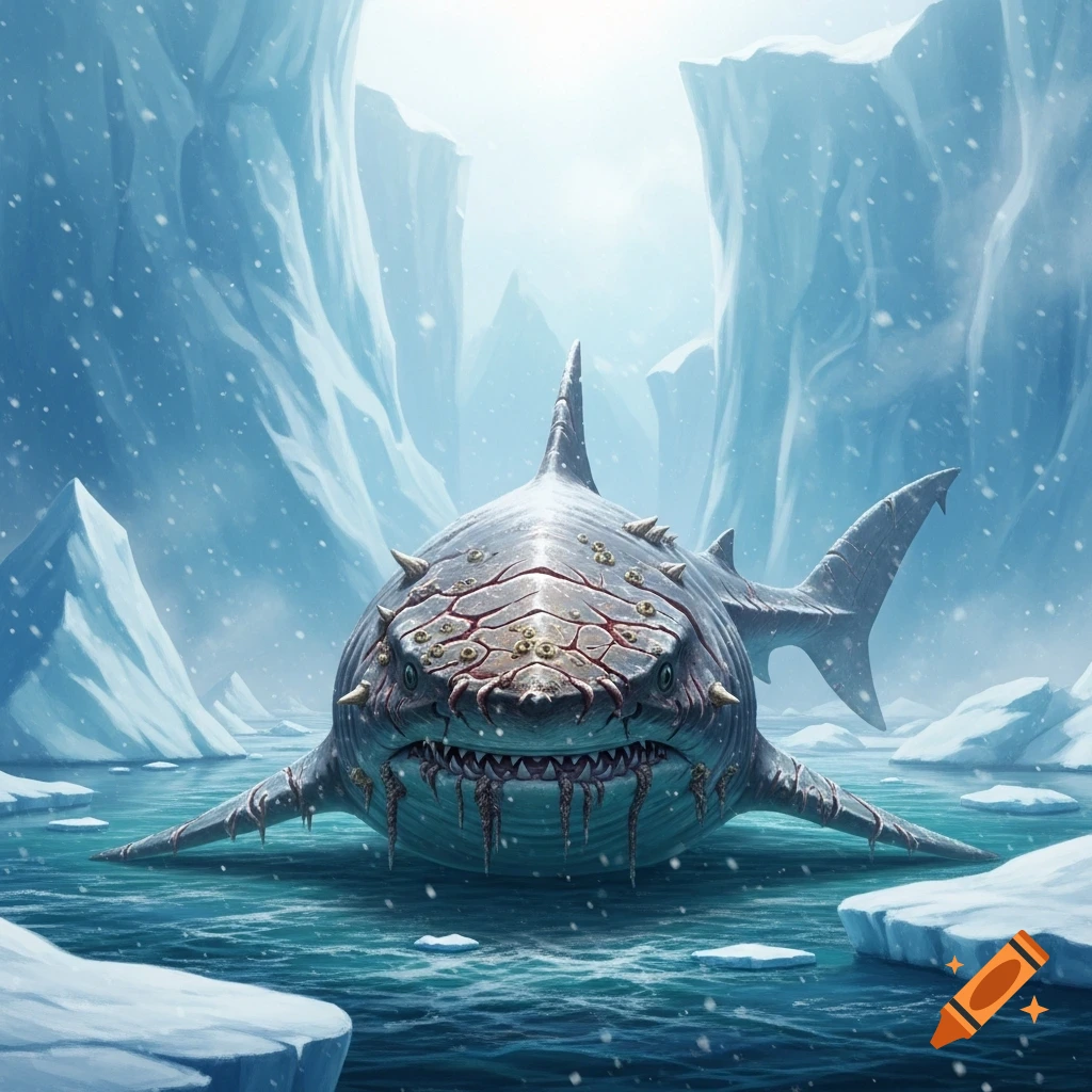 A monstrous, ancient-looking shark-like creature with spiky armor and glowing eyes emerges from icy water amidst glaciers and falling snow.
