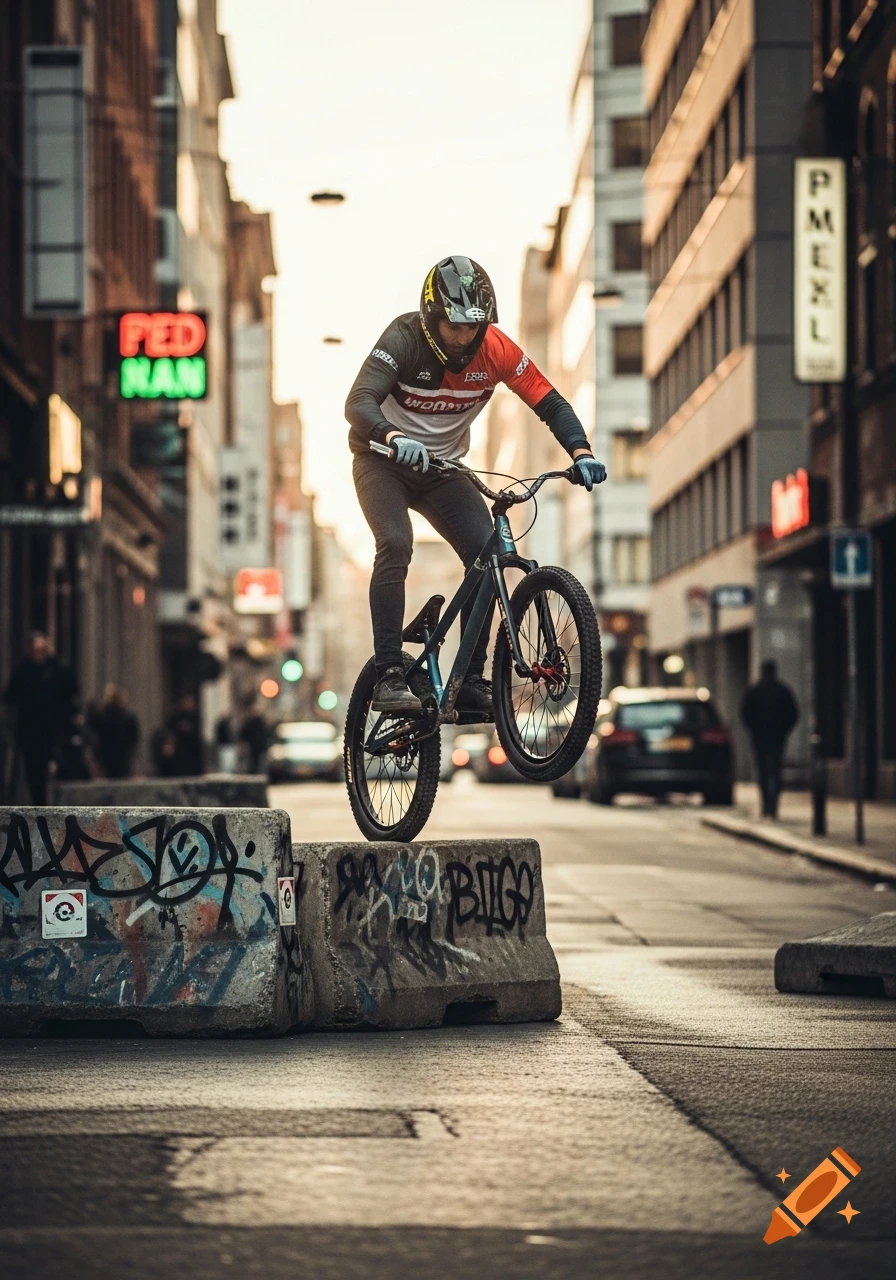 A biker performs a street trial trick, balancing on two graffiti-covered concrete barriers in a city street.