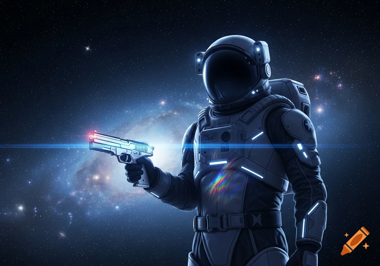 An astronaut in a futuristic suit holds a gleaming handgun with a glowing muzzle against a backdrop of deep space and a swirling galaxy.