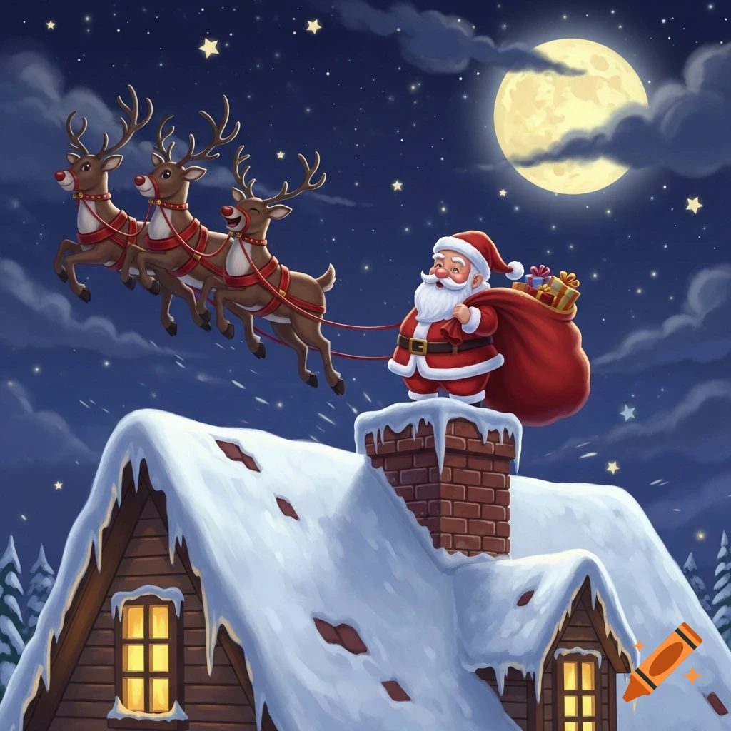 Santa Claus on a snowy rooftop with flying reindeer and a full moon against a dark, starry night sky in a cartoon style.