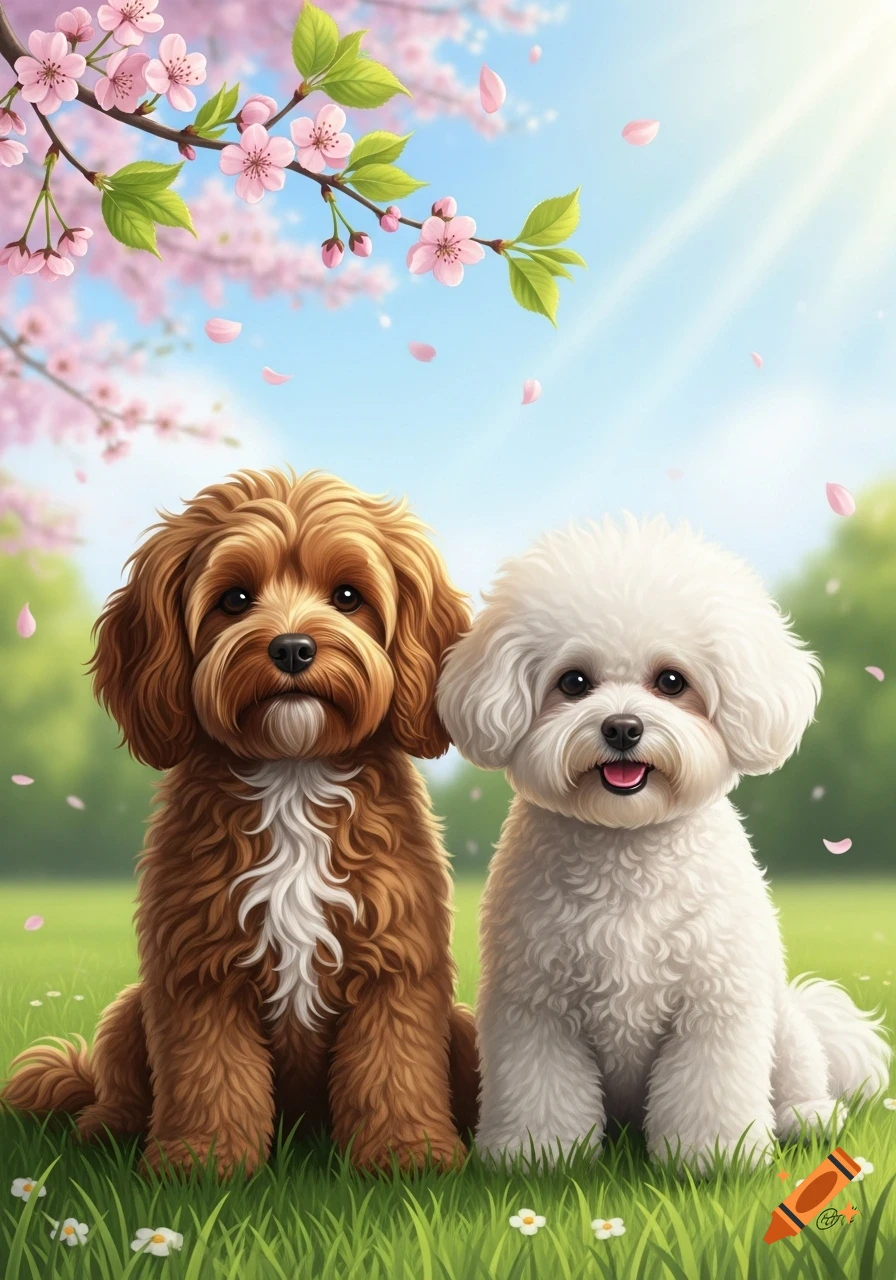 A brown Cavapoo and a white fluffy dog sit next to each other in green grass under a sky with pink cherry blossoms.