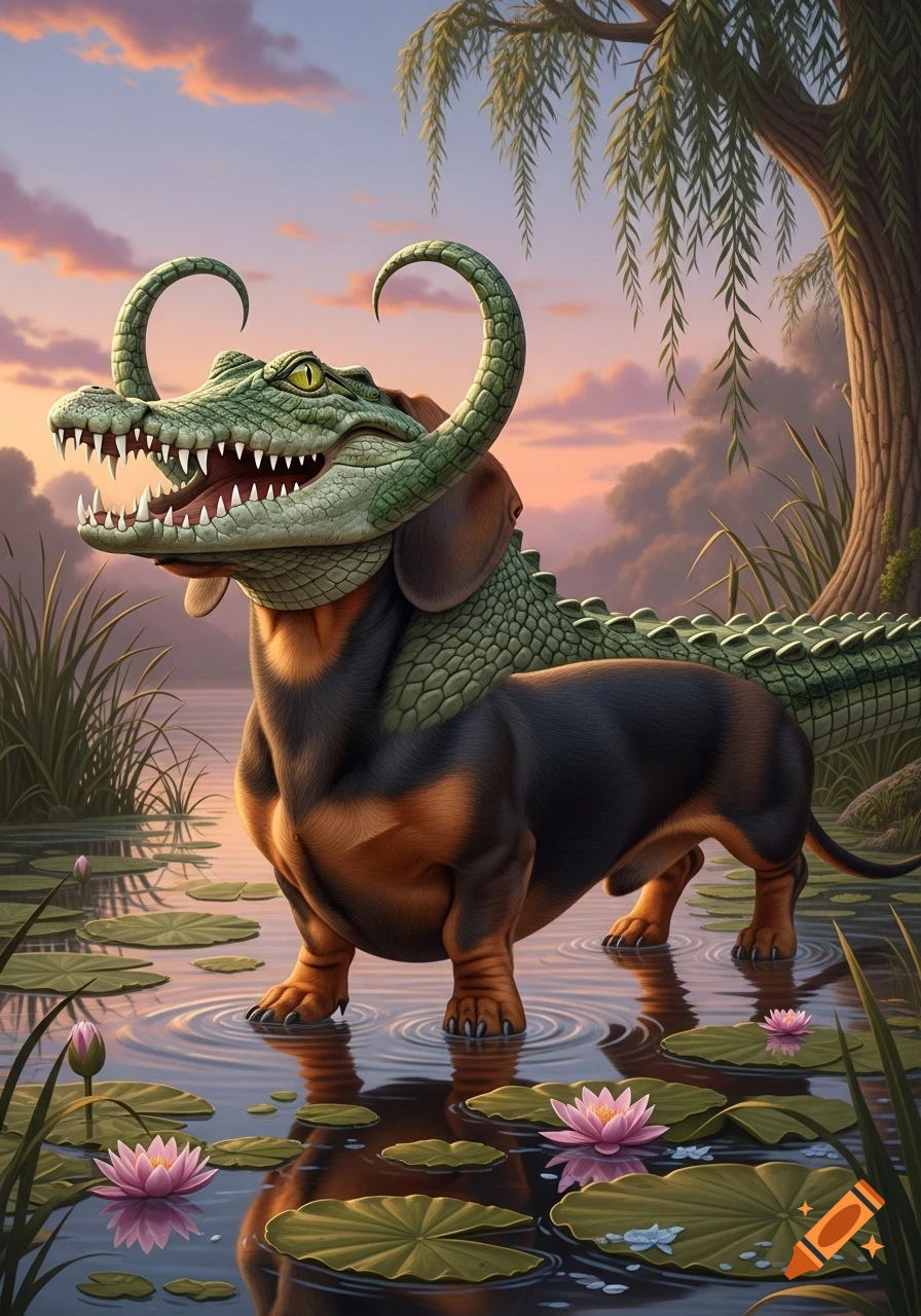 A vibrant illustration of a dachshund with a crocodile head standing in a swamp with lily pads and a willow tree at sunset.