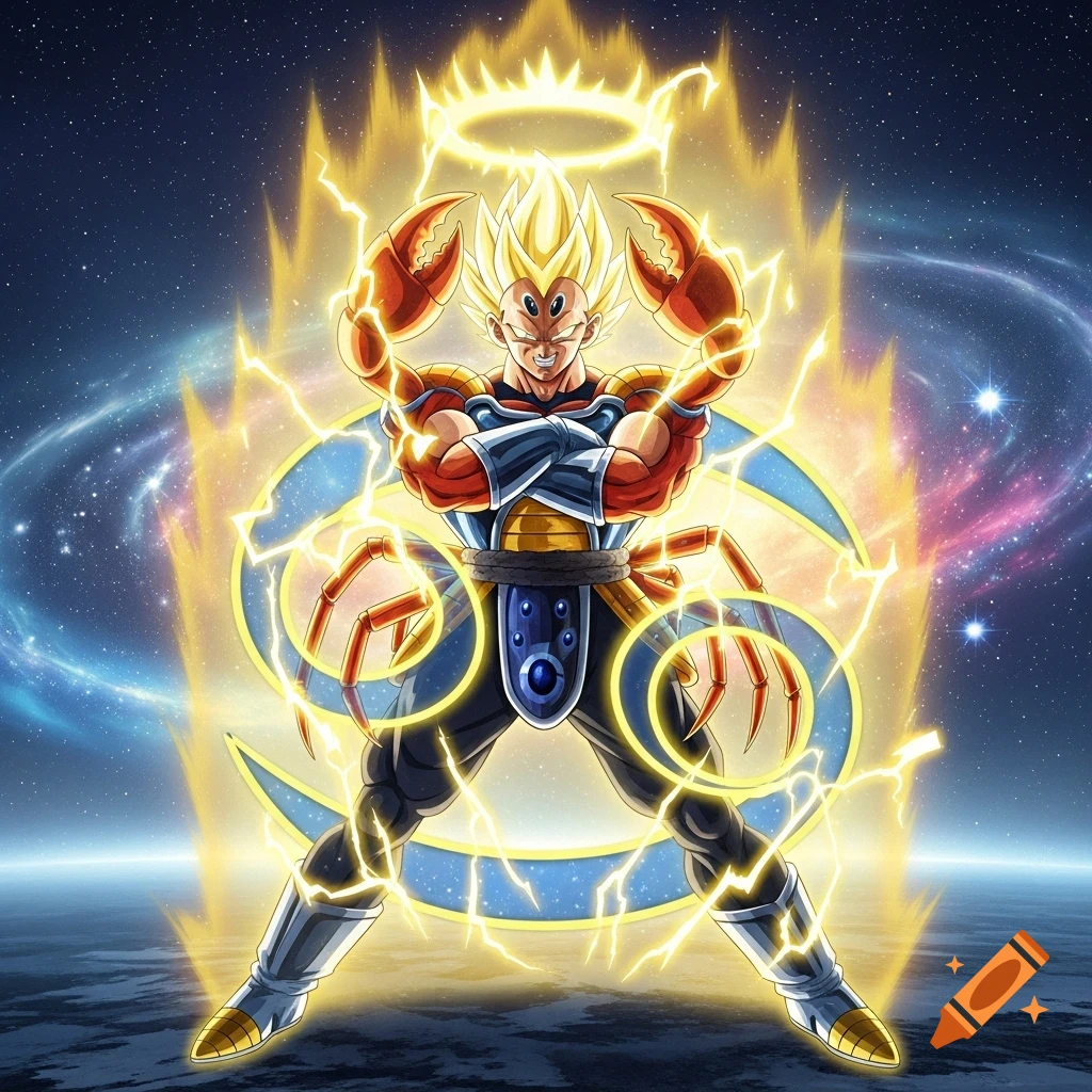 Anime character in Super Saiyan form with crab claws and halo, emanating lightning, against a starry space background with a Cancer zodiac symbol.