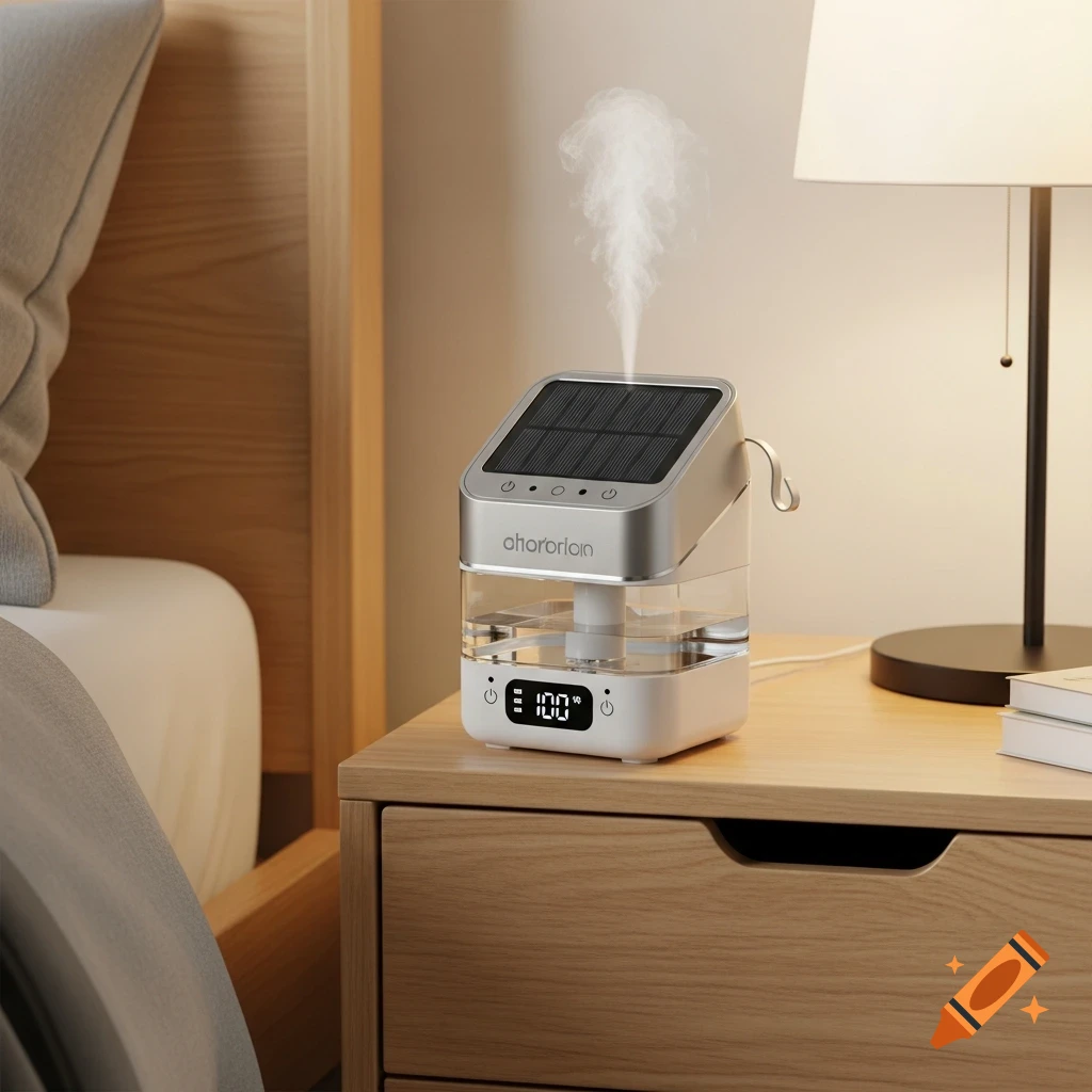 A white and silver smart diffuser with a solar panel top, emitting mist, sits on a wooden nightstand beside a bed and lamp.