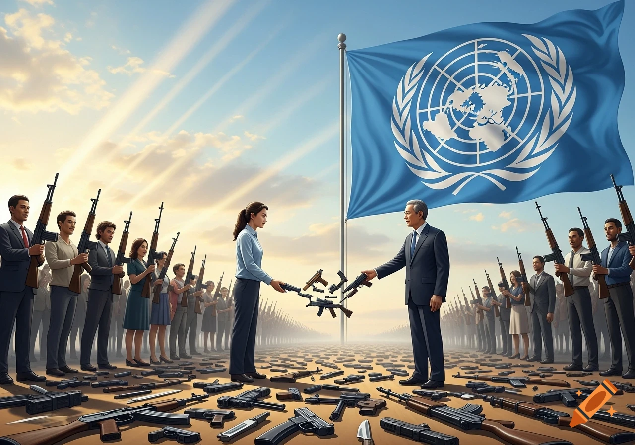 Man and woman exchange guns under a UN flag, with people holding rifles and many weapons on the ground, symbolizing disarmament.