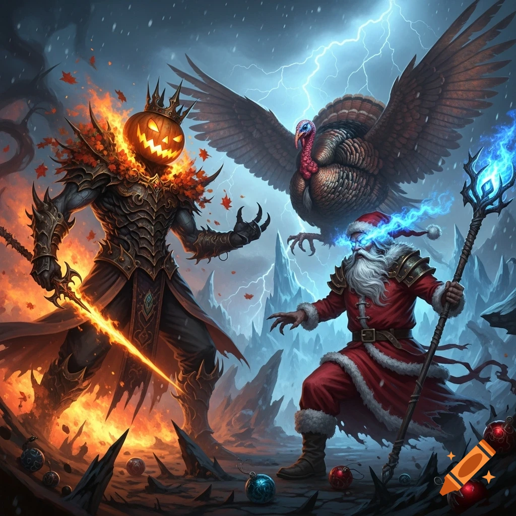 Fantasy art of a pumpkin king, Santa, and a giant turkey battling amidst fire, ice, lightning, and falling leaves.