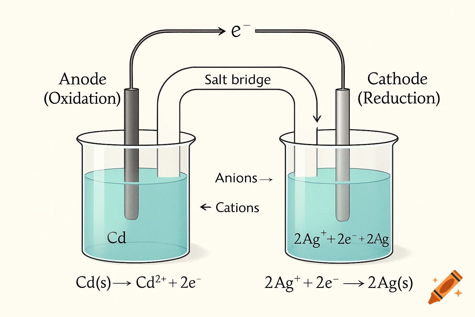 Labeled diagram of a galvanic cell with cadmium and silver electrodes, showing electron flow and chemical reactions.