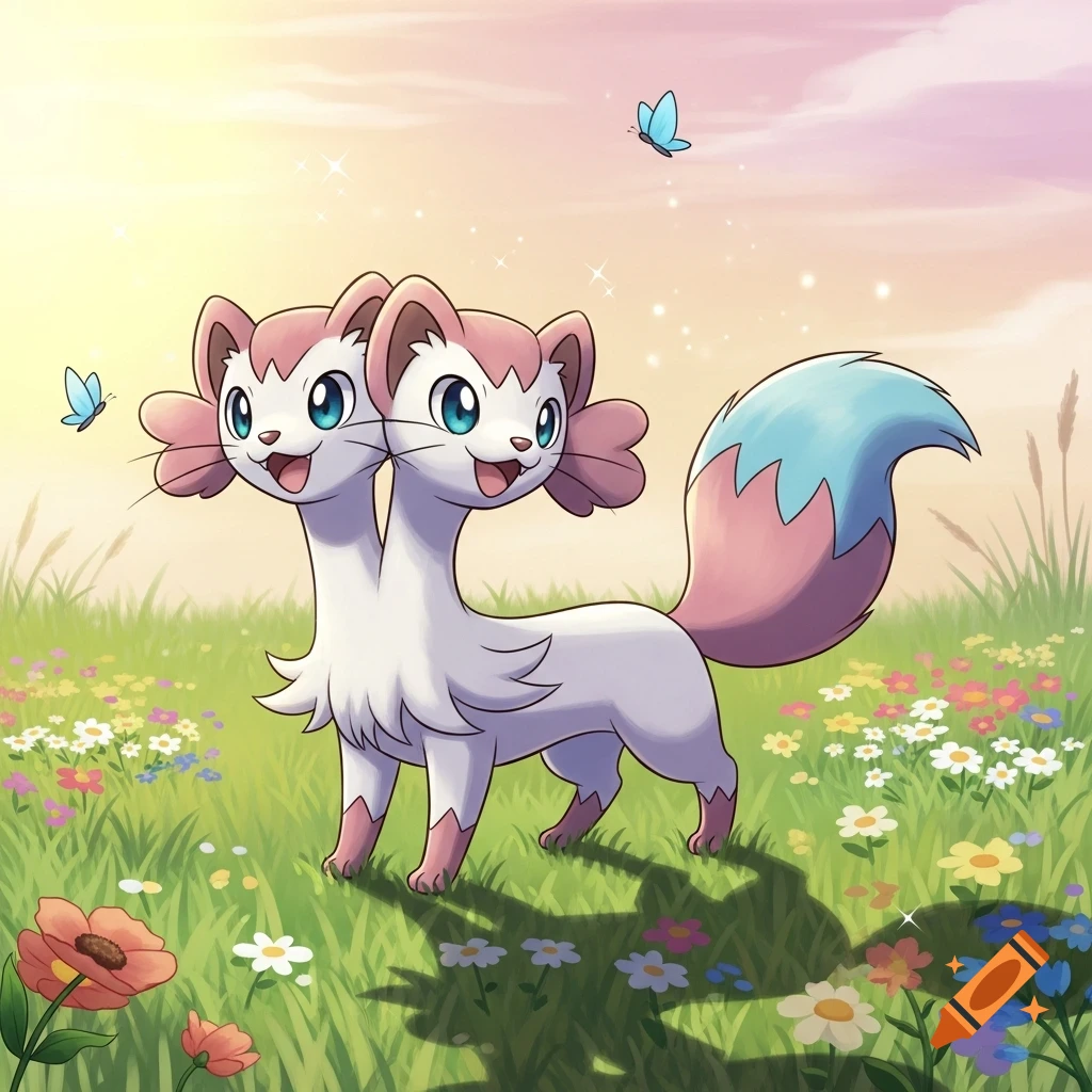 A cute, two-headed, ferret-like creature with white and pink fur smiles in a sunny field of colorful wildflowers with butterflies, in Pokemon style.