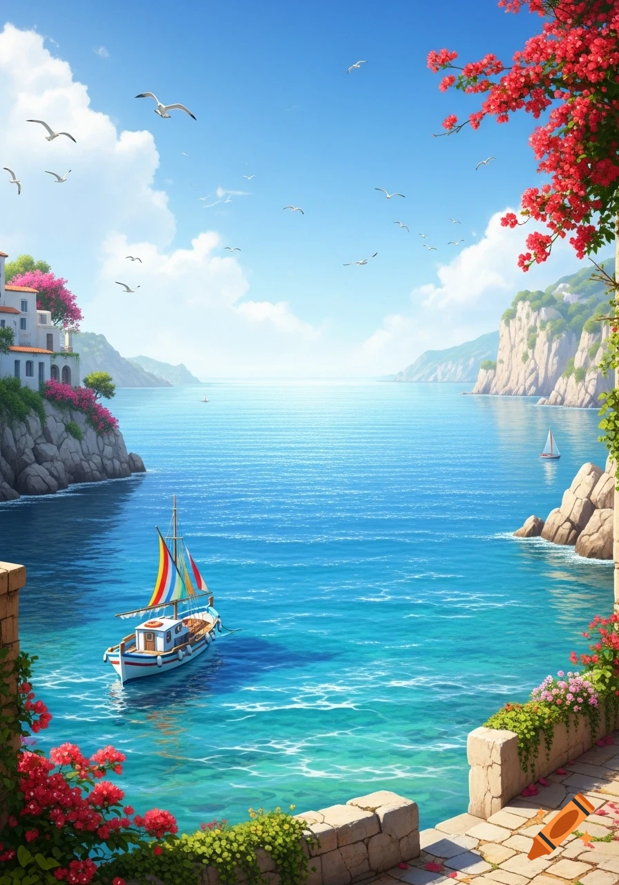 A vibrant, sunny Mediterranean coastal scene with white houses, red bougainvillea, a boat with colorful sails on turquoise water, and distant cliffs under a blue sky.