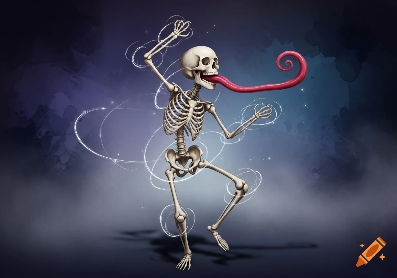 A stylized dancing skeleton with a long, red, curly tongue extended, set against a dark purple background with swirling white light trails.