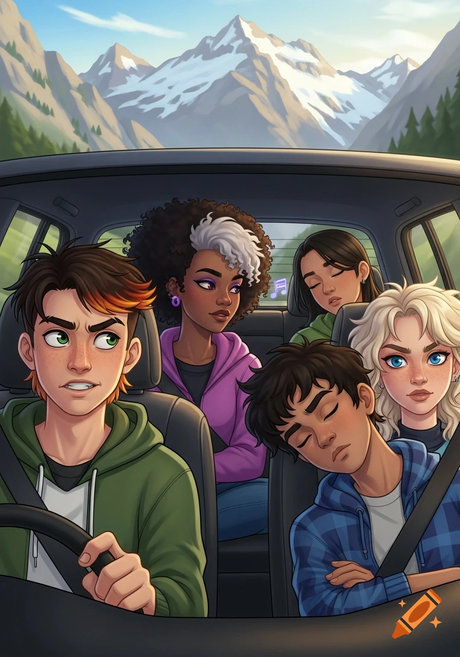 An animated illustration of five diverse young people on a road trip, with a driver looking exasperated and mountains in the background.