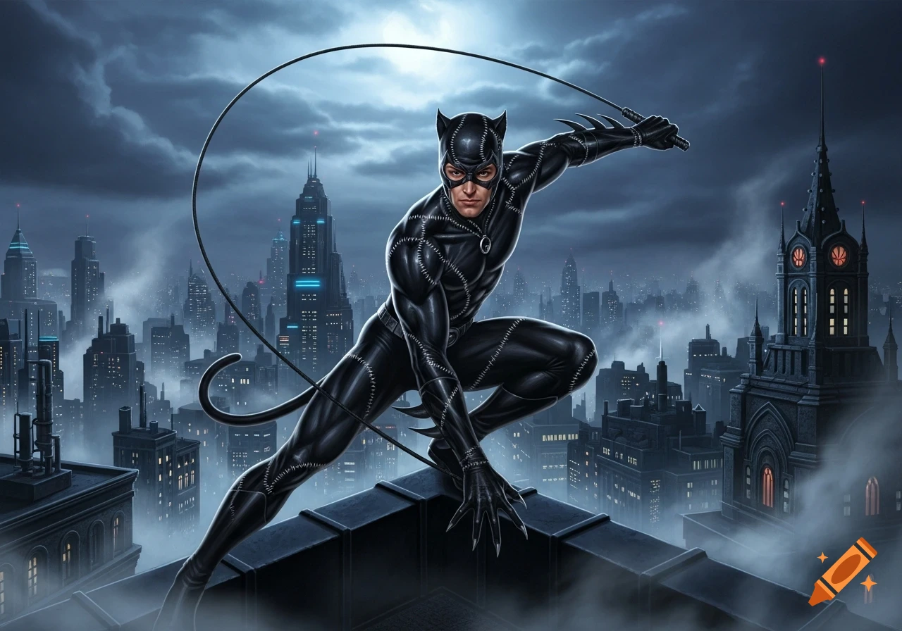 A male Catwoman crouches on a dark rooftop, whip in hand, overlooking a stormy, futuristic city skyline.