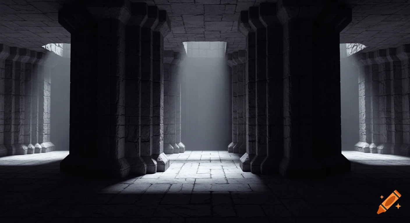 A dark, ancient stone hall with massive columns and shafts of light streaming down from above.