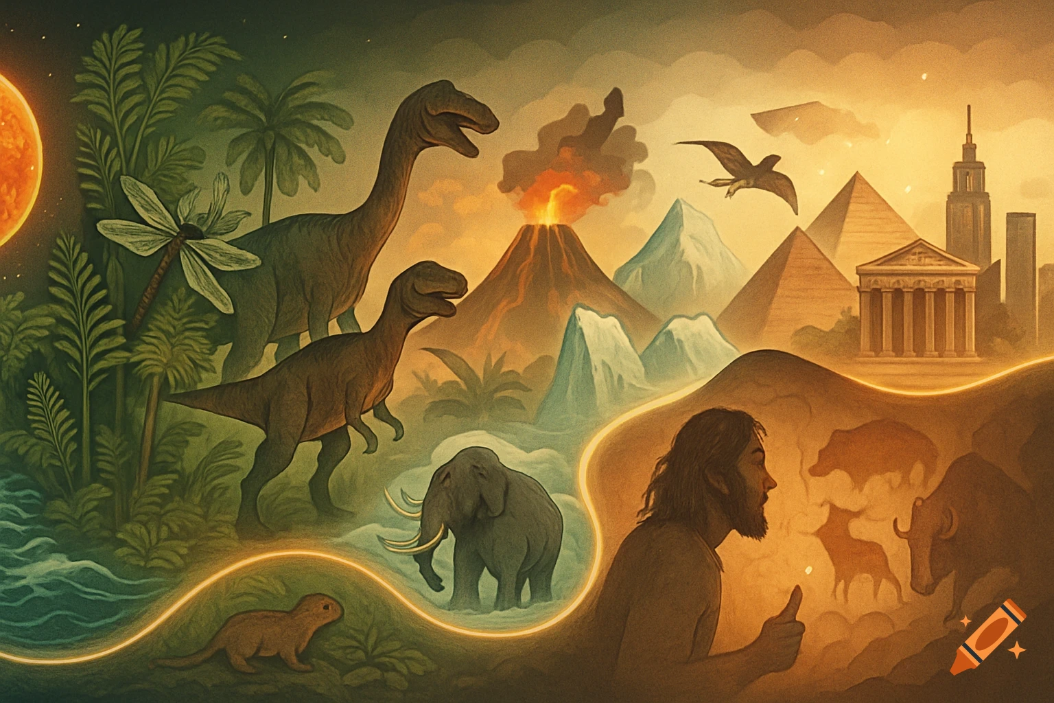 An illustrative timeline depicting Earth's history, with dinosaurs, a volcano, early humans, ancient structures, and modern cities.