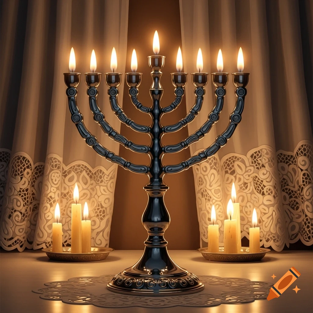 A gleaming dark metallic Hanukkah menorah with nine lit candles stands on a table, flanked by additional lit candles, with lace curtains in the background. Photorealistic.