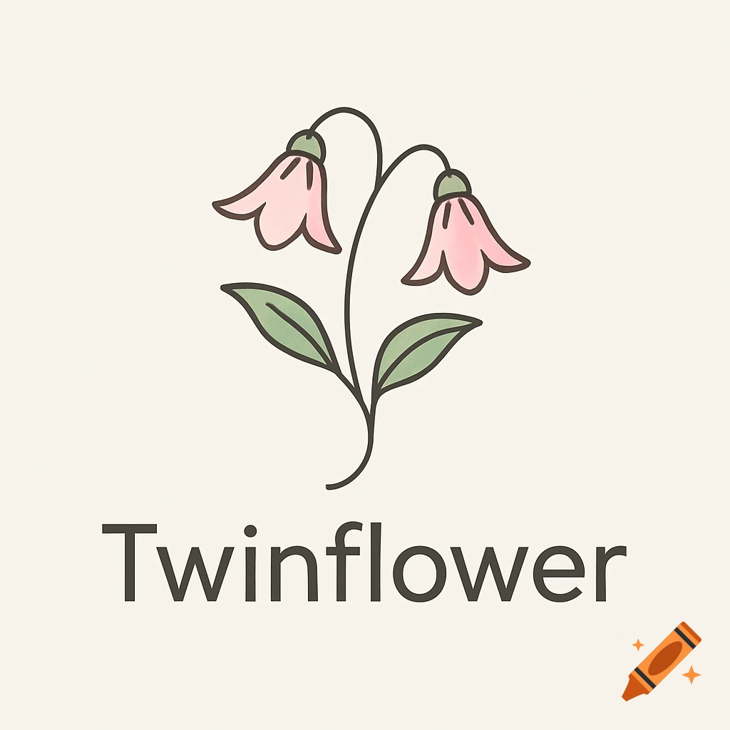 Minimalist logo of a twinflower with two pink bell-shaped blossoms and green leaves, with the word "Twinflower" written below.