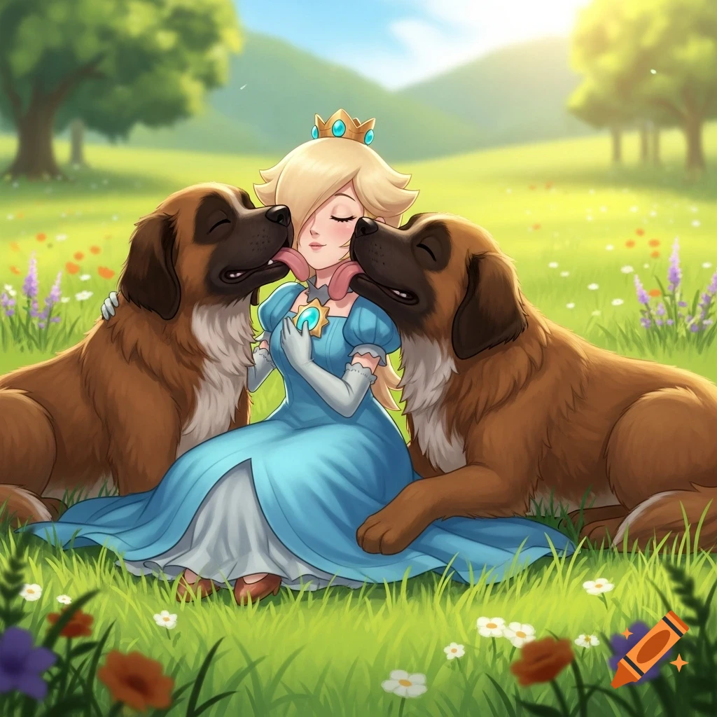 Rosalina from Mario sits in a lush green field, hugging two large brown dogs licking her face, in an illustrated style.