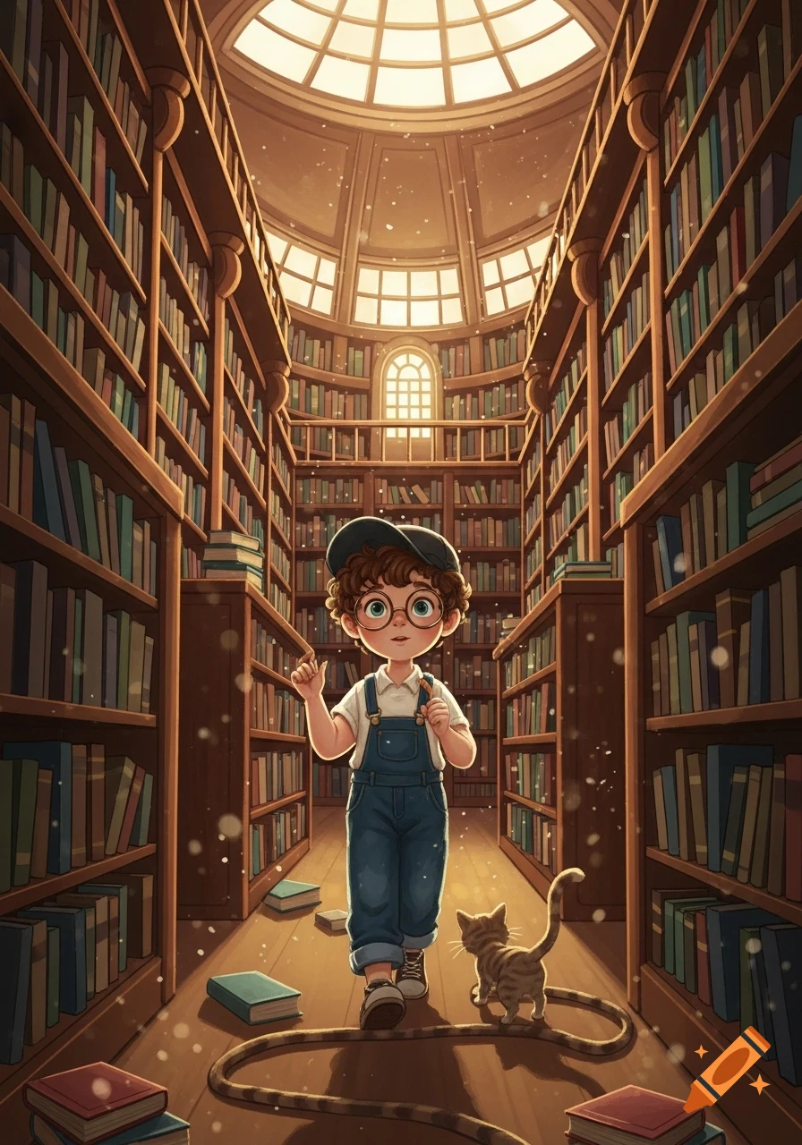 A cute cartoon boy in overalls and glasses walks down an aisle of tall ...
