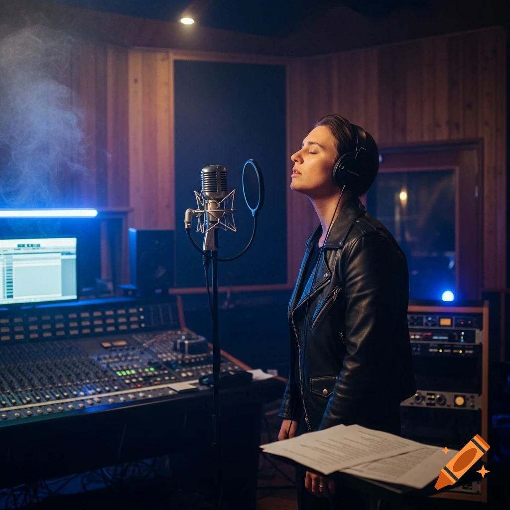 A woman in a leather jacket and headphones sings into a microphone in a moody recording studio.