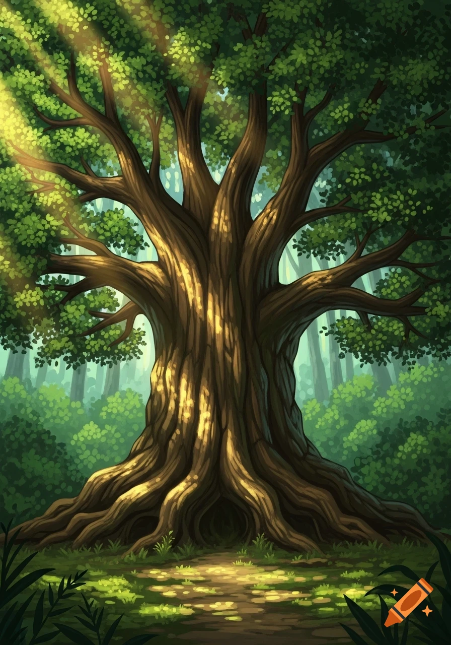 A large, ancient tree with sprawling roots and lush green leaves, illuminated by sunbeams in a vibrant forest illustration.
