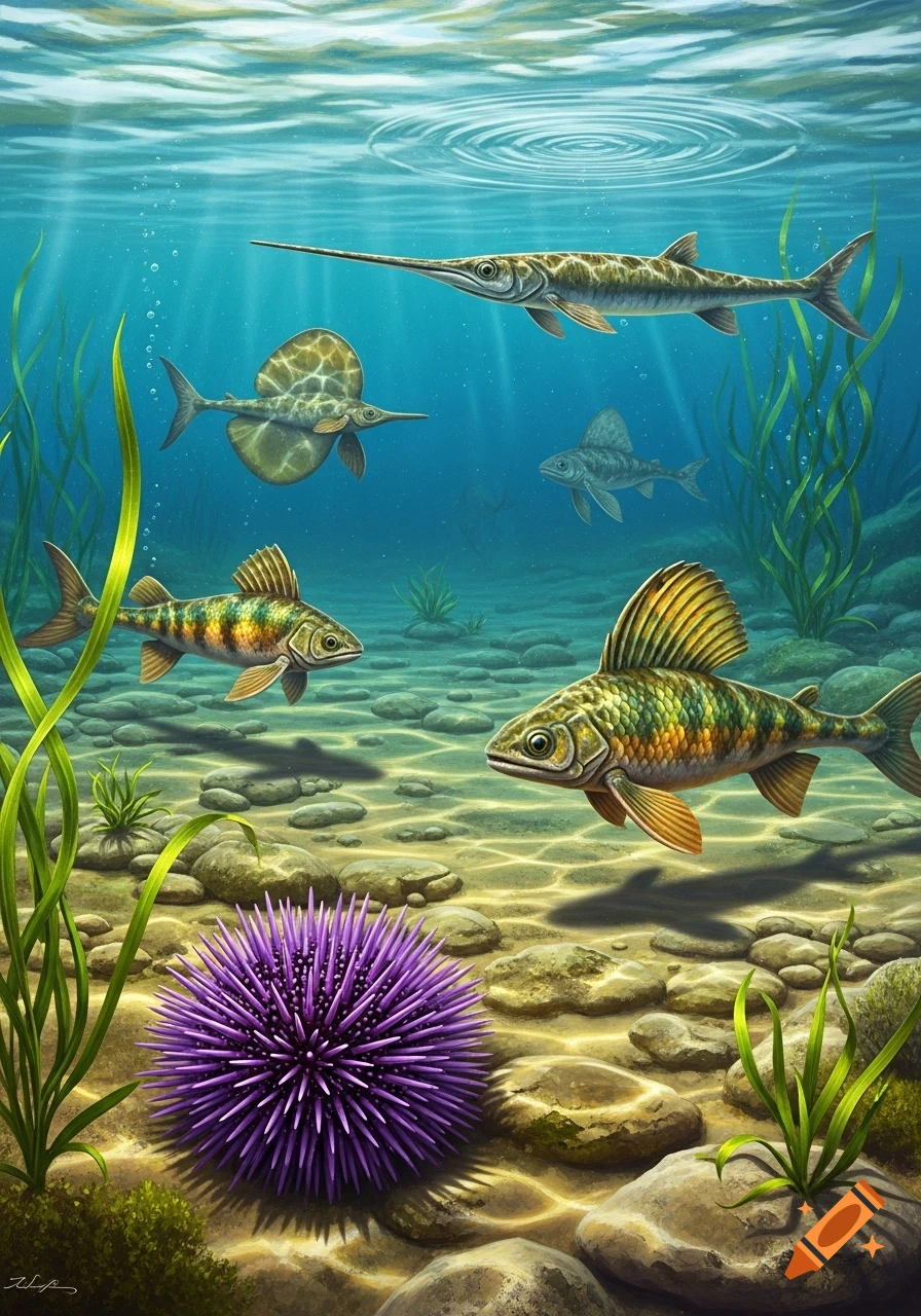 Vibrant illustration of a prehistoric underwater scene with various fish species and a large purple sea urchin on a rocky seabed.