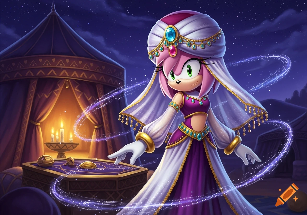 Anime Amy Rose as a fortune teller in a turban and purple gown, with magical wisps by an Arabian-style tent at night.