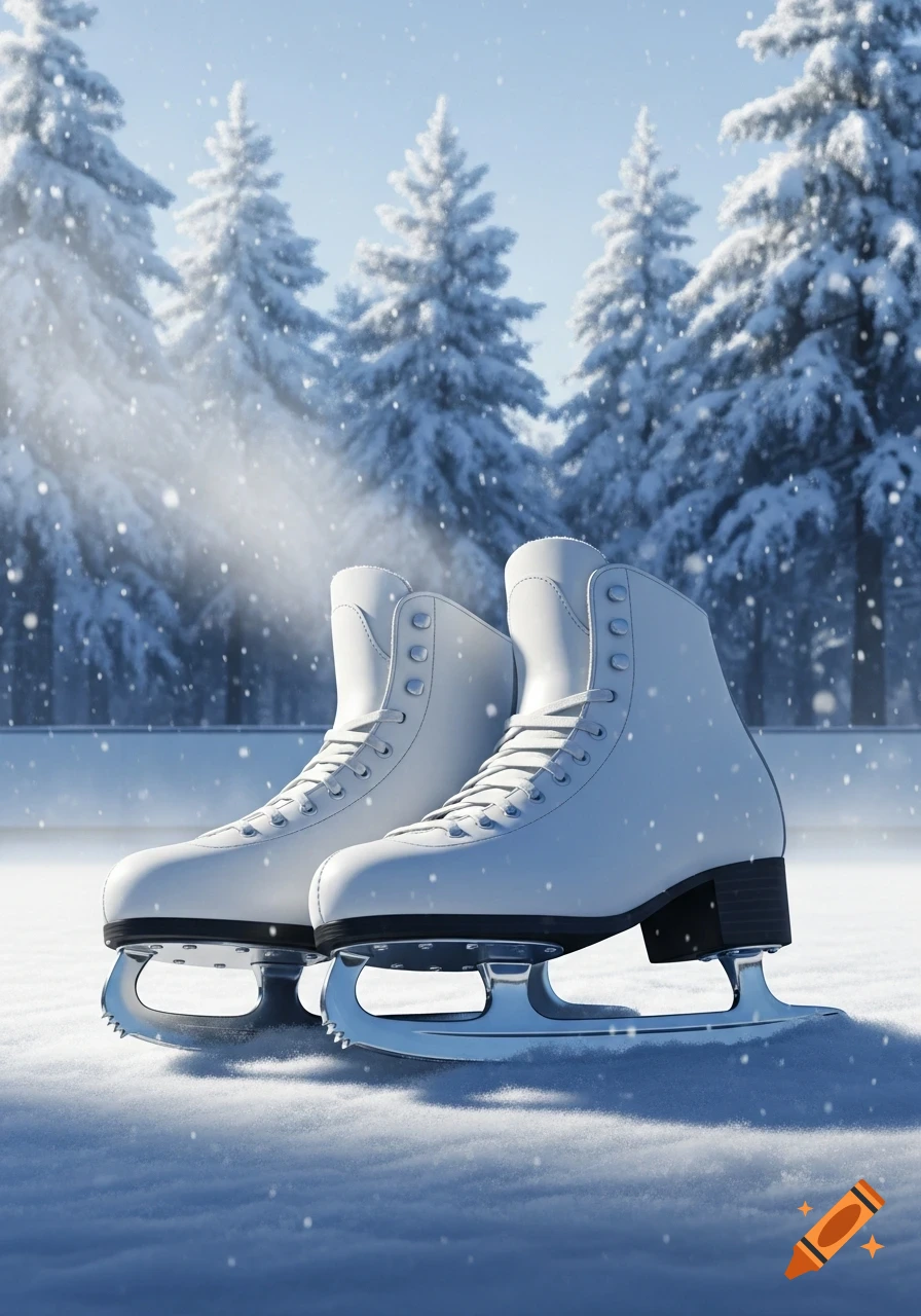 Two white ice skates on fresh snow with falling flakes. Snow-covered pine trees in a sunny winter forest background.