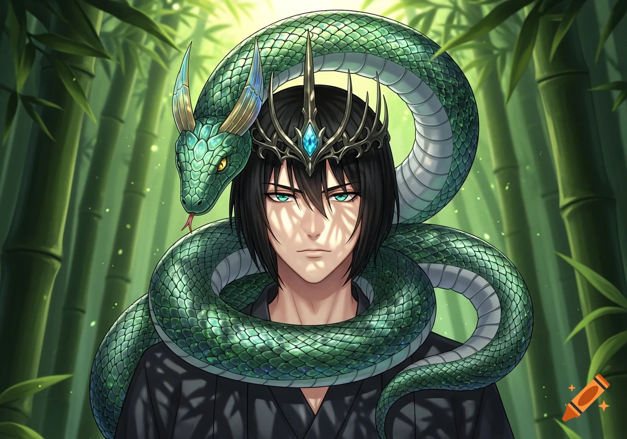 An anime-style character with black hair and green eyes wears a crown, with a large green snake coiled around their head and shoulders, set against a bamboo forest background.