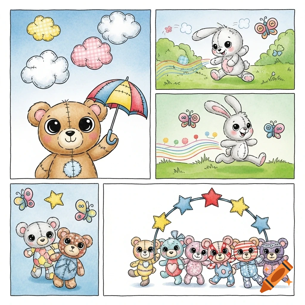 A cartoon comic strip of cute stuffed animals: a bear with an umbrella, a bunny running, and groups of bears playing.