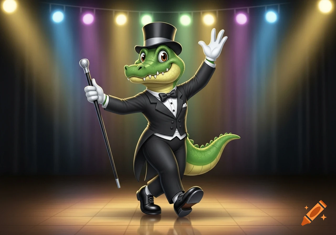 A friendly cartoon alligator in a tuxedo and top hat tap dances on a stage with spotlights, holding a cane and waving.