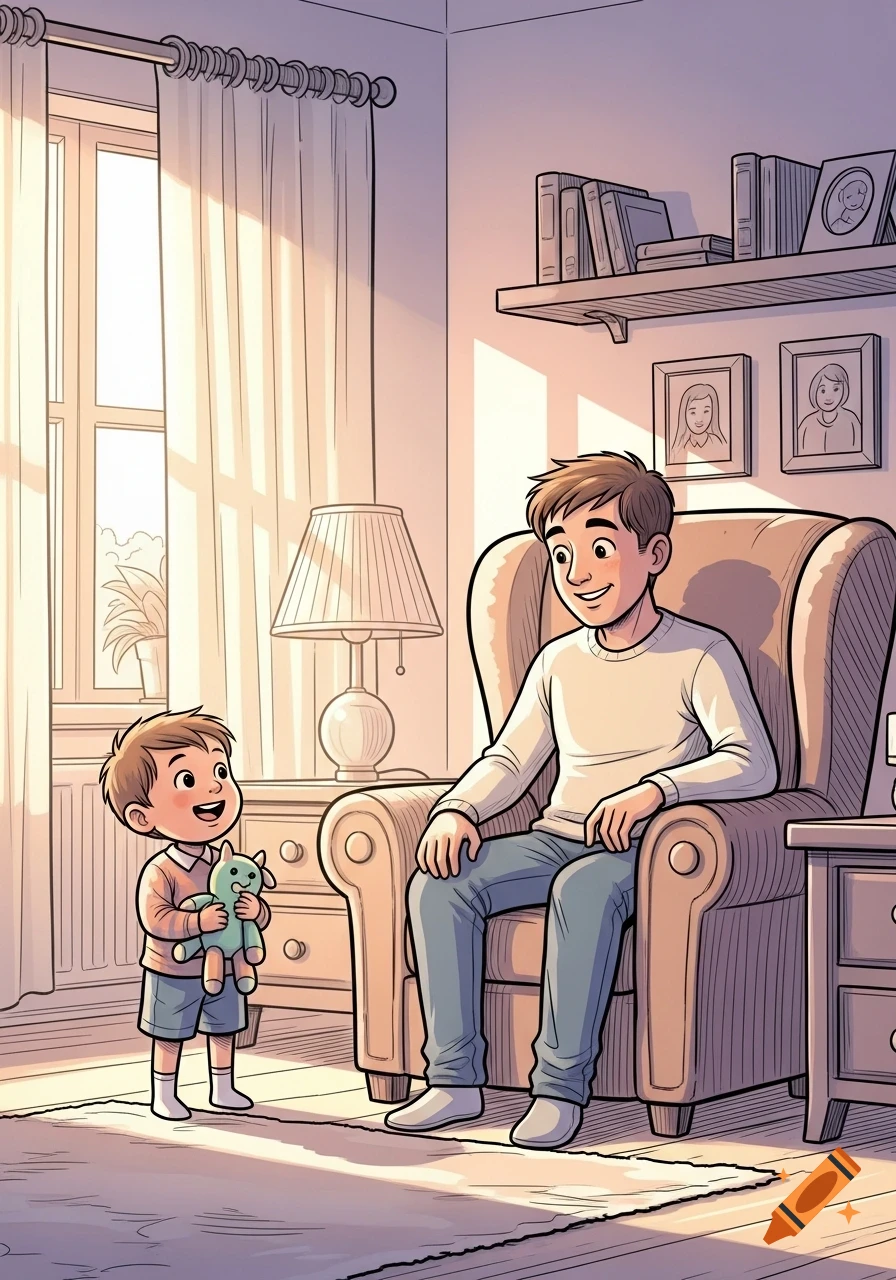A cartoon father sits in a chair as his young son, holding a plush toy, talks to him in a sunlit living room.