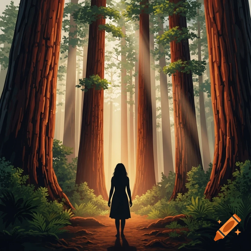 Artistic illustration of a female silhouette standing on a path in a forest of tall redwood trees with sunbeams filtering through.