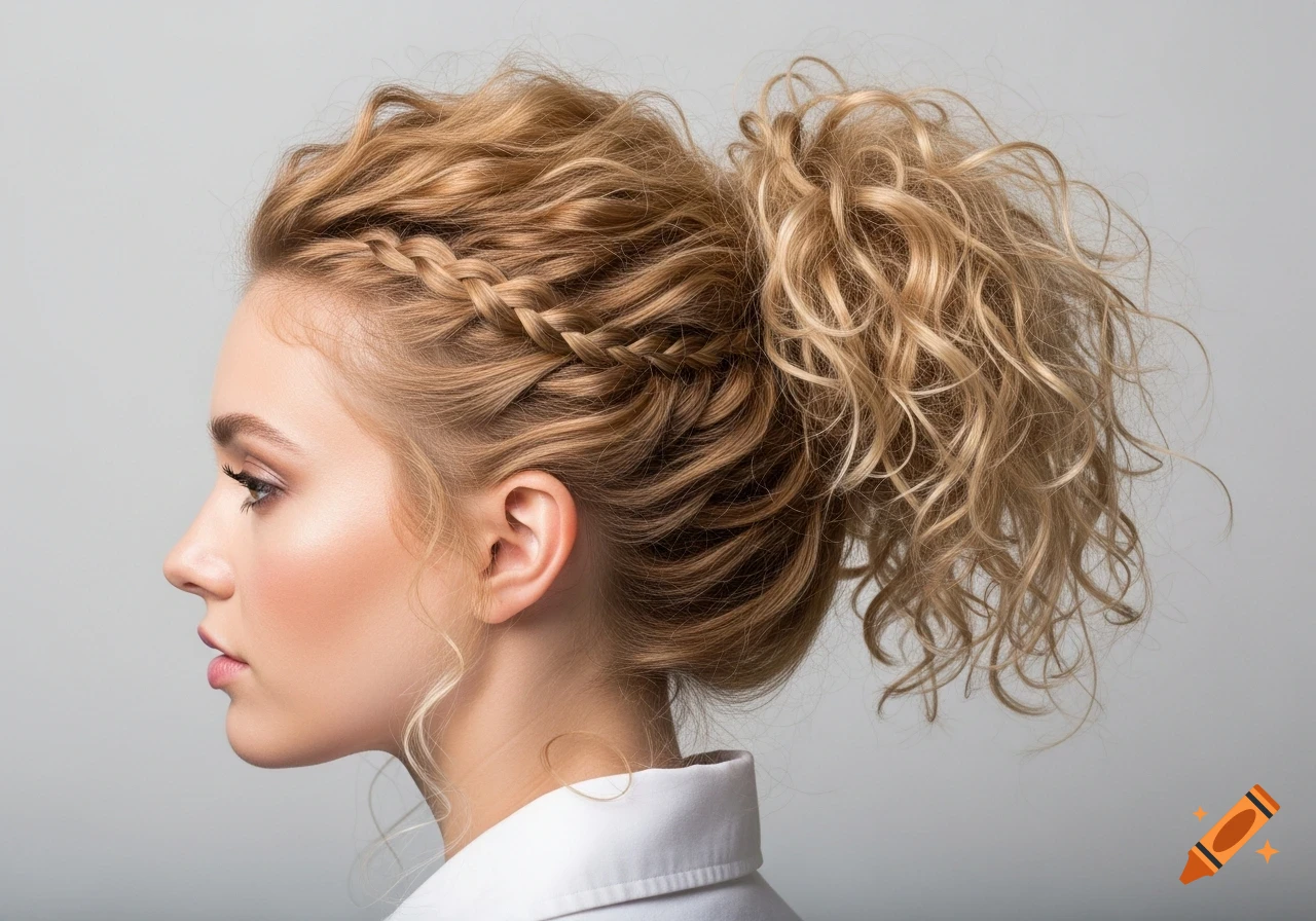 Profile view of a woman with blonde curly hair styled in a braided high ponytail.