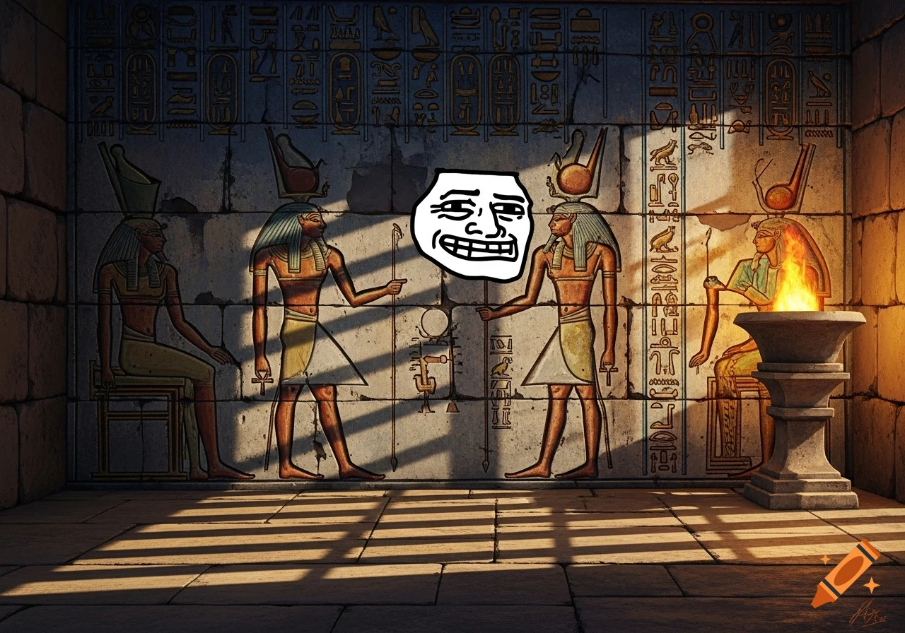 Ancient Egyptian temple room with hieroglyphs and figures on walls, a burning brazier, and a large white "Trollface" meme superimposed in the center.