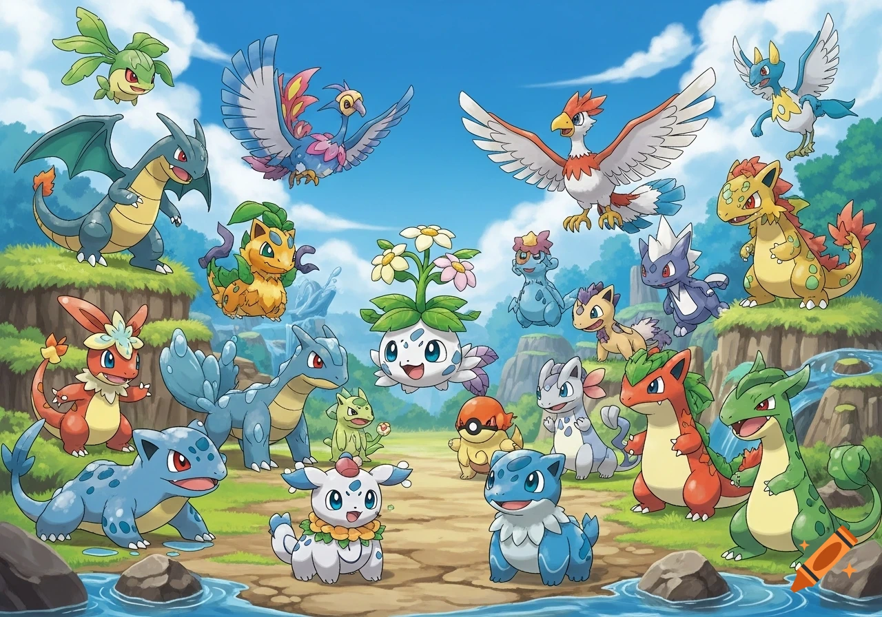 Colorful illustration of many diverse, cartoon-style 'fakemon' creatures, resembling Pokemon, in a vibrant natural landscape with hills and water.