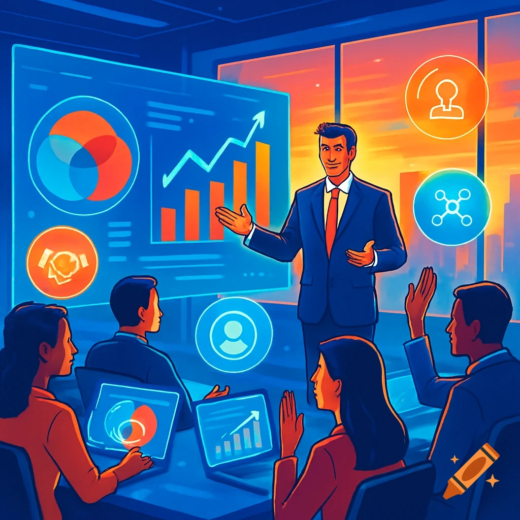 A stylized illustration of a businessman presenting data visualizations on a large screen to an audience in a corporate setting.