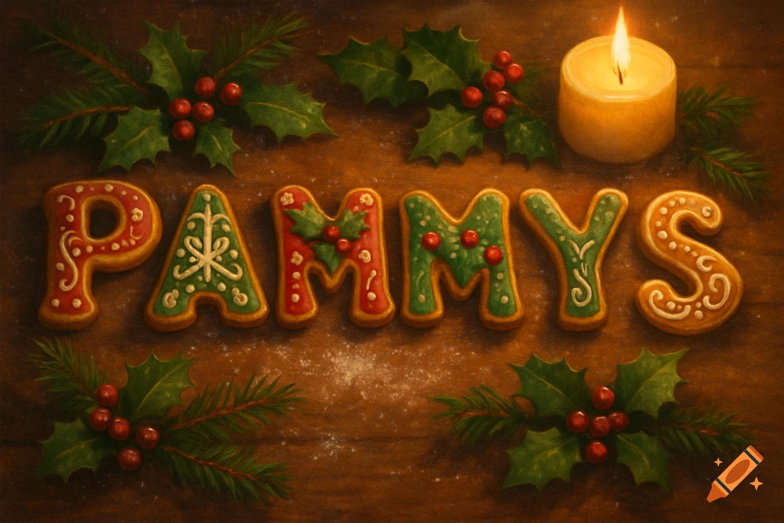 Christmas cookies spelling "PAMMYS" on a wooden table with holly, pine branches, and a lit candle, in a warm, festive style.
