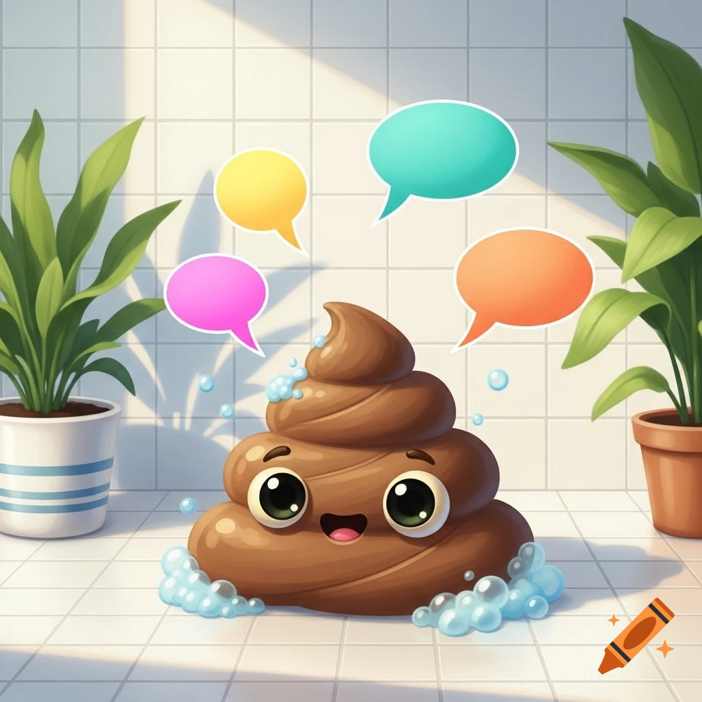 A cute, smiling cartoon pile of poop with big eyes, surrounded by bubbles and speech bubbles, in a tiled bathroom with potted plants.