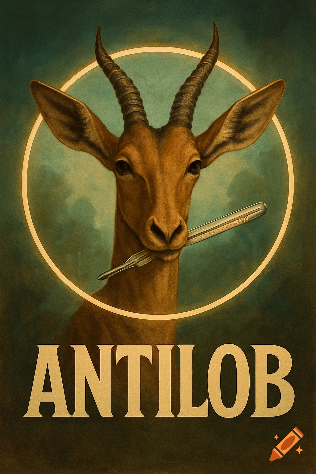 Vintage style poster of an antelope head holding a thermometer in its mouth, with a golden circle around its head and the word "ANTILOB" below.